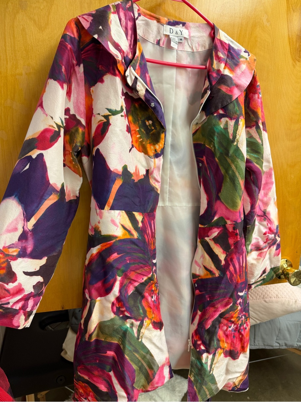 D&Y Vibrant Floral Watercolor Trench Coat in Pink, Purple & Green 100% silk